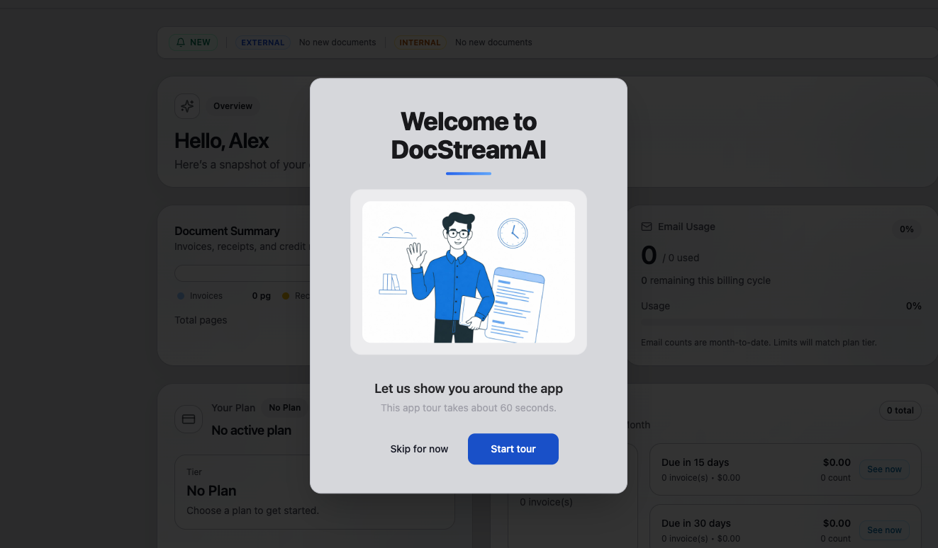 DocStreamAI welcome dialog offering a 60-second guided app tour