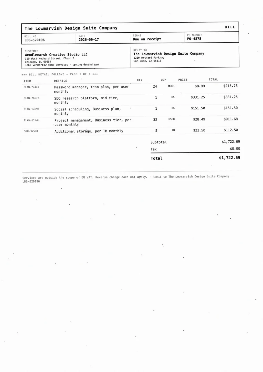 Invoice sent to Wendlemarsh Creative Studio, with the field read wrong outlined