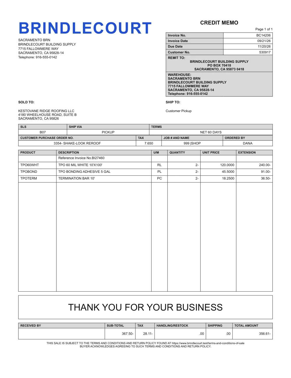 Credit memo sent to Kestovane Ridge Roofing