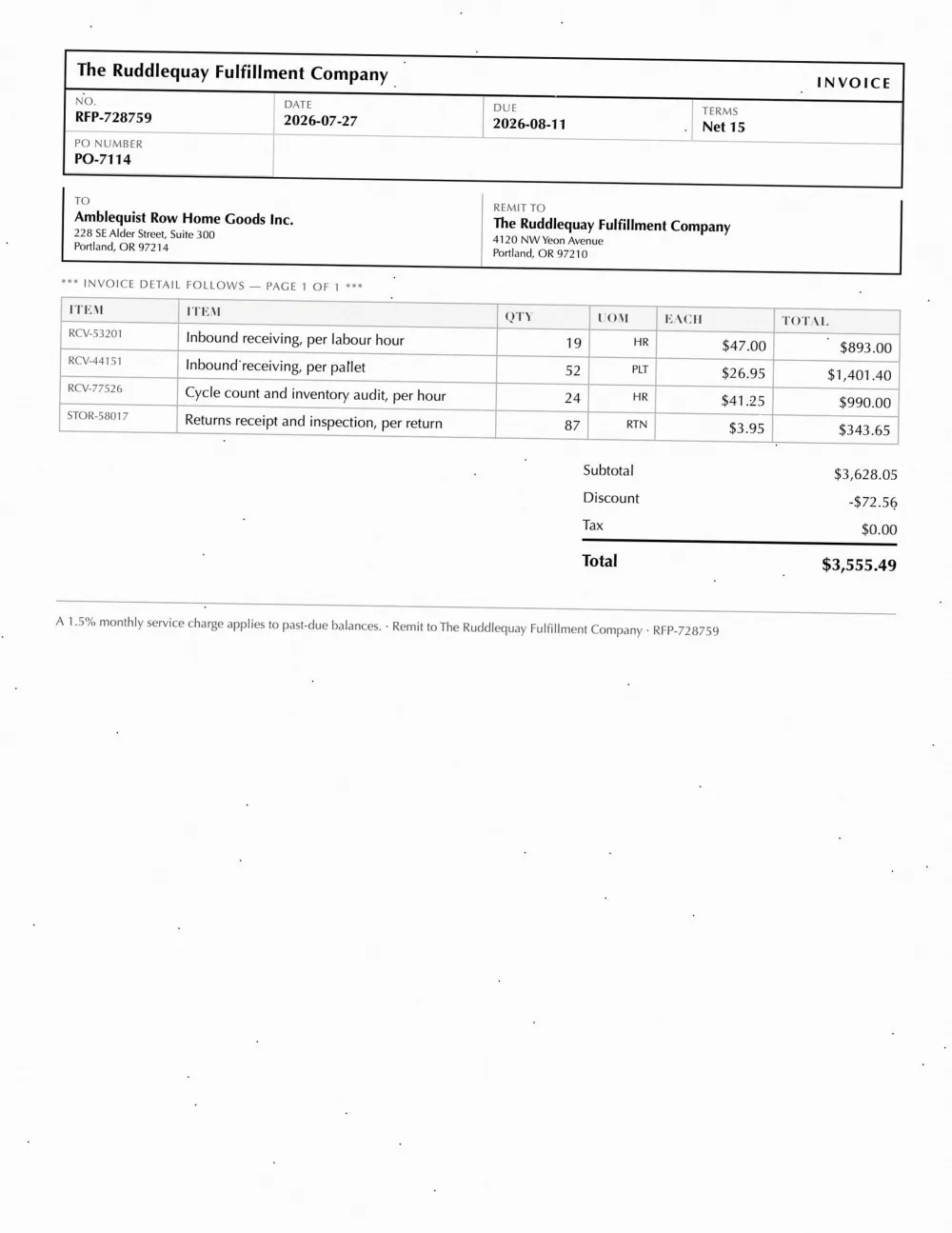 Invoice sent to Amblequist Row Home Goods, with the field read wrong outlined