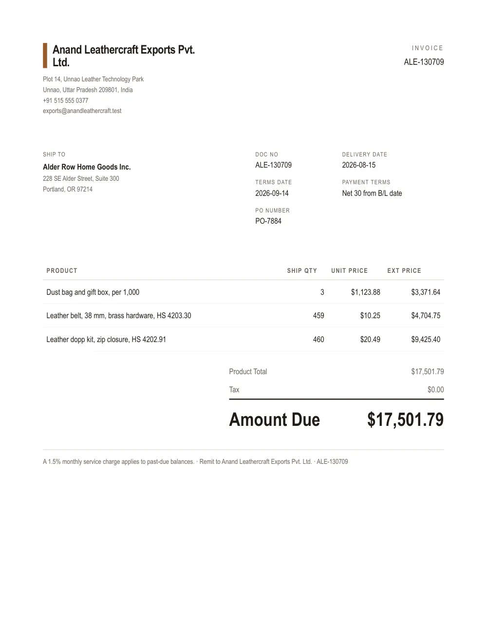 Invoice sent to Amblequist Row Home Goods, with the fields read wrong outlined