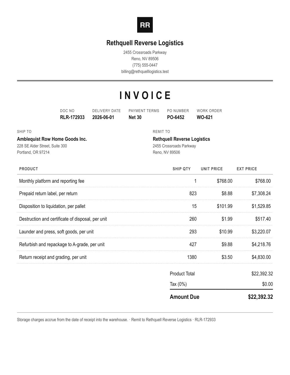 Invoice sent to Amblequist Row Home Goods, with the field read wrong outlined