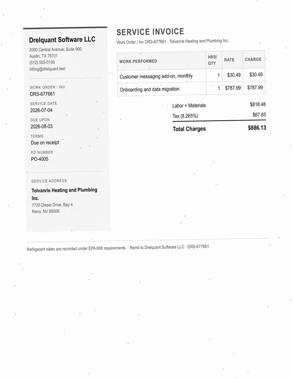 Invoice sent to Tolvanrie Heating & Plumbing, with the field read wrong outlined