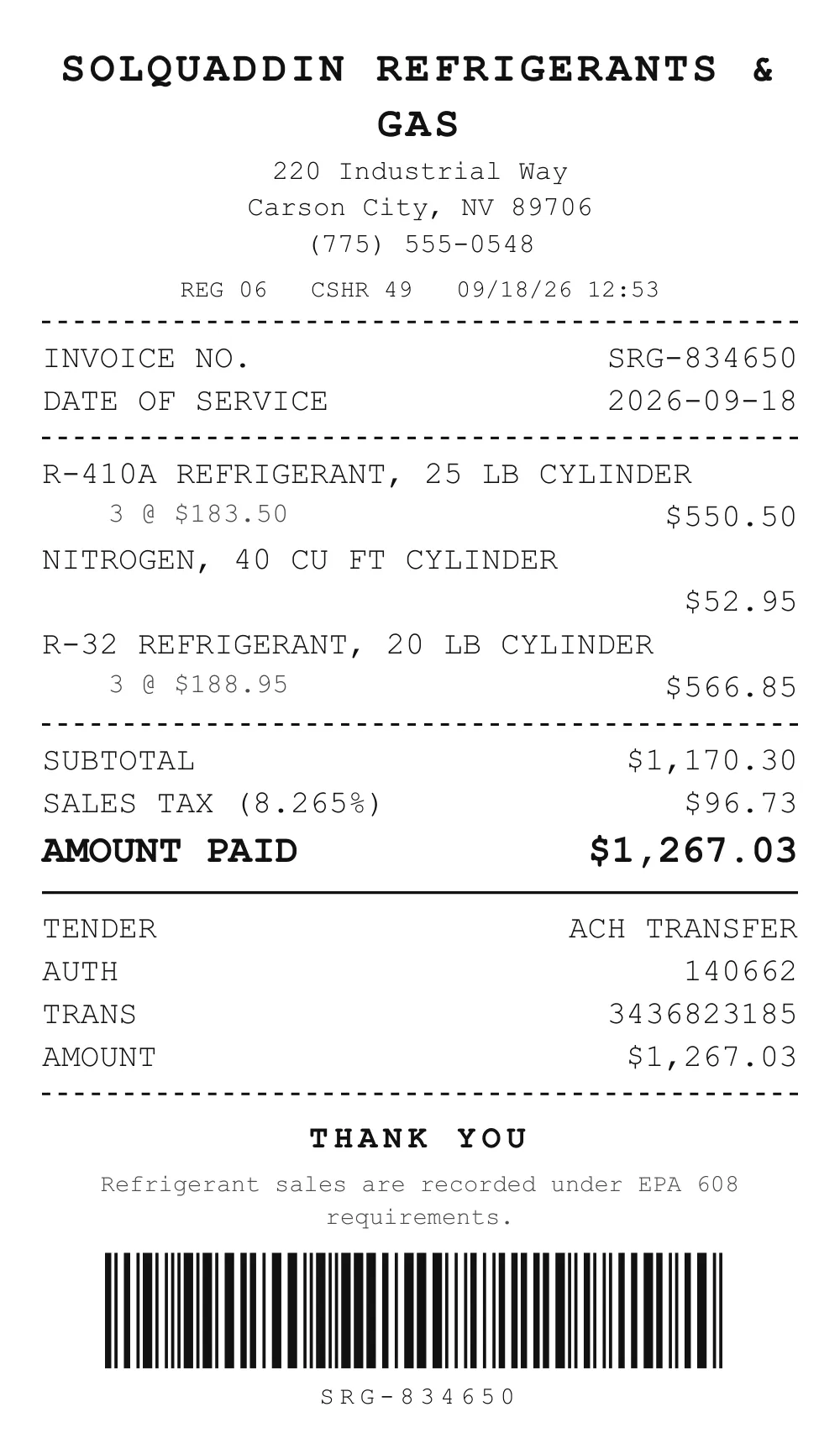 Receipt sent to Tolvanrie Heating & Plumbing