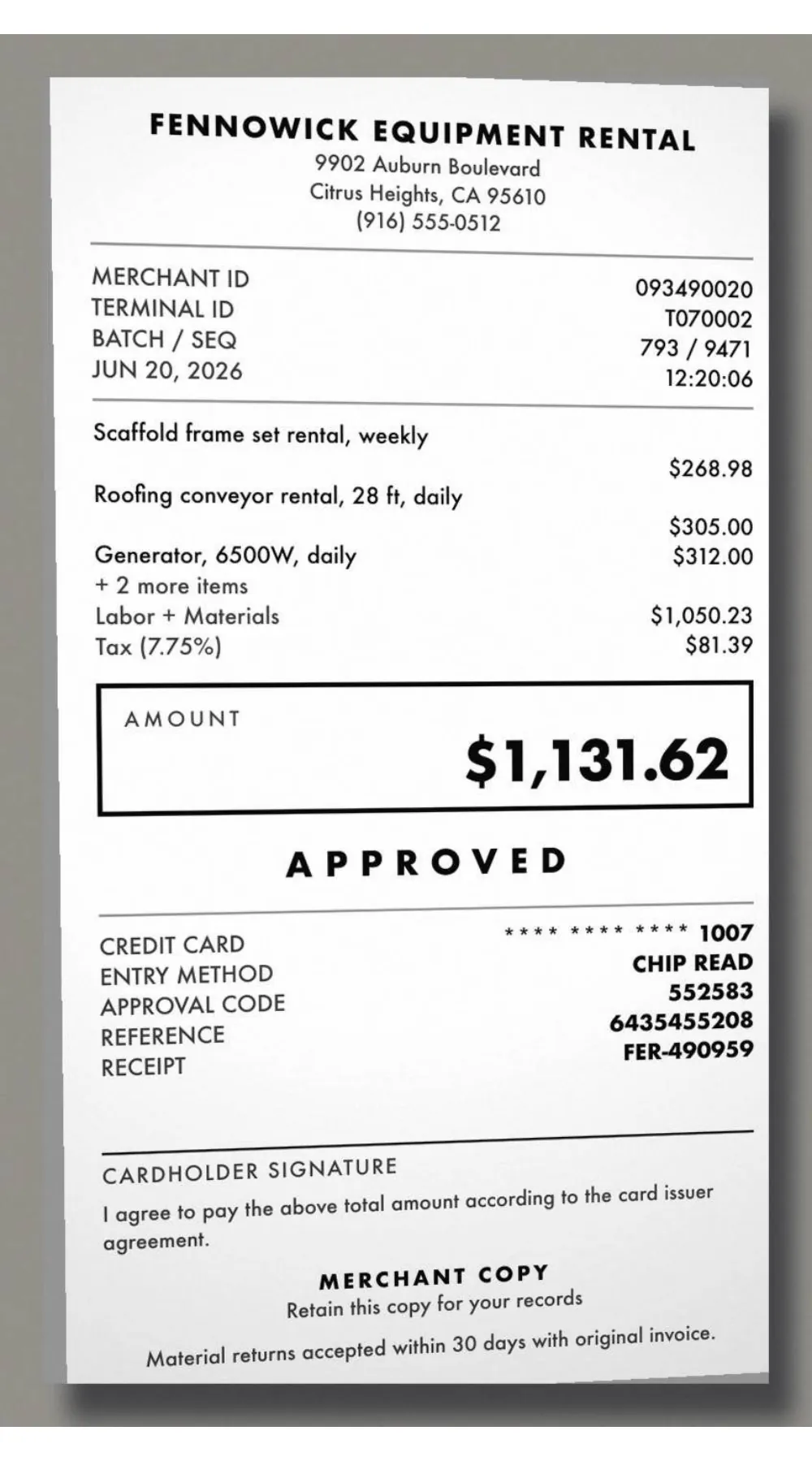 Receipt sent to Kestovane Ridge Roofing, with the field read wrong outlined