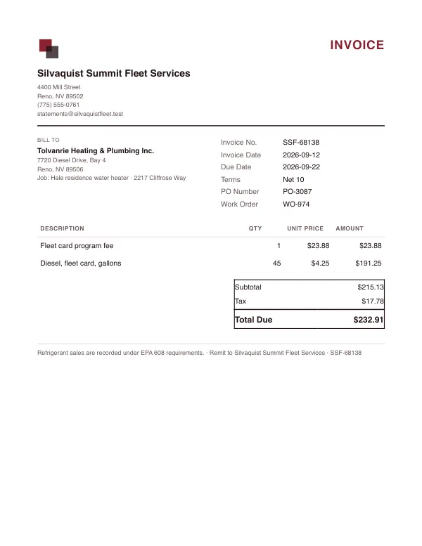 An invoice from Silvaquist Summit Fleet Services to Tolvanrie Heating & Plumbing, invoice SSF-68138, total due $232.91