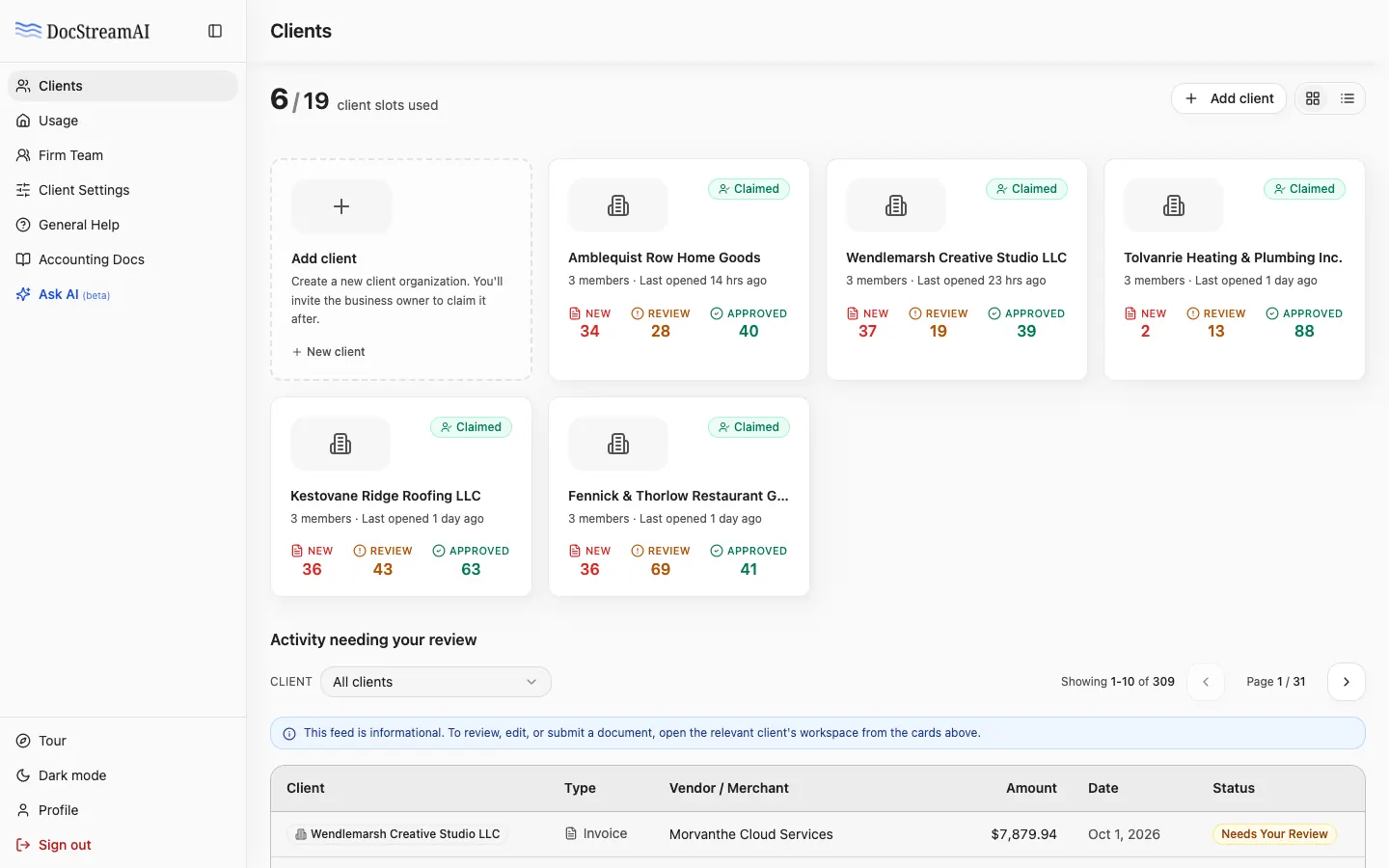 Accountant firm Clients page: a card for each client organization with its new, in review and approved document counts