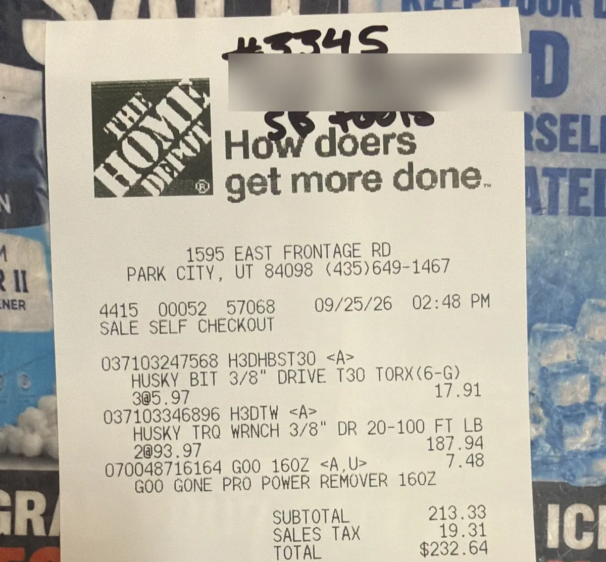 A Home Depot receipt from the Park City store with the project number #3345 handwritten across the top