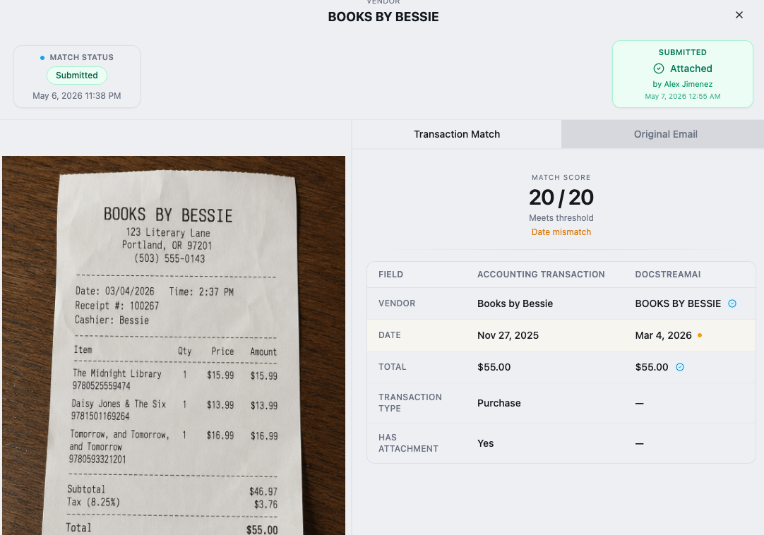 DocStreamAI dashboard showing a Books by Bessie receipt manually approved despite a date mismatch