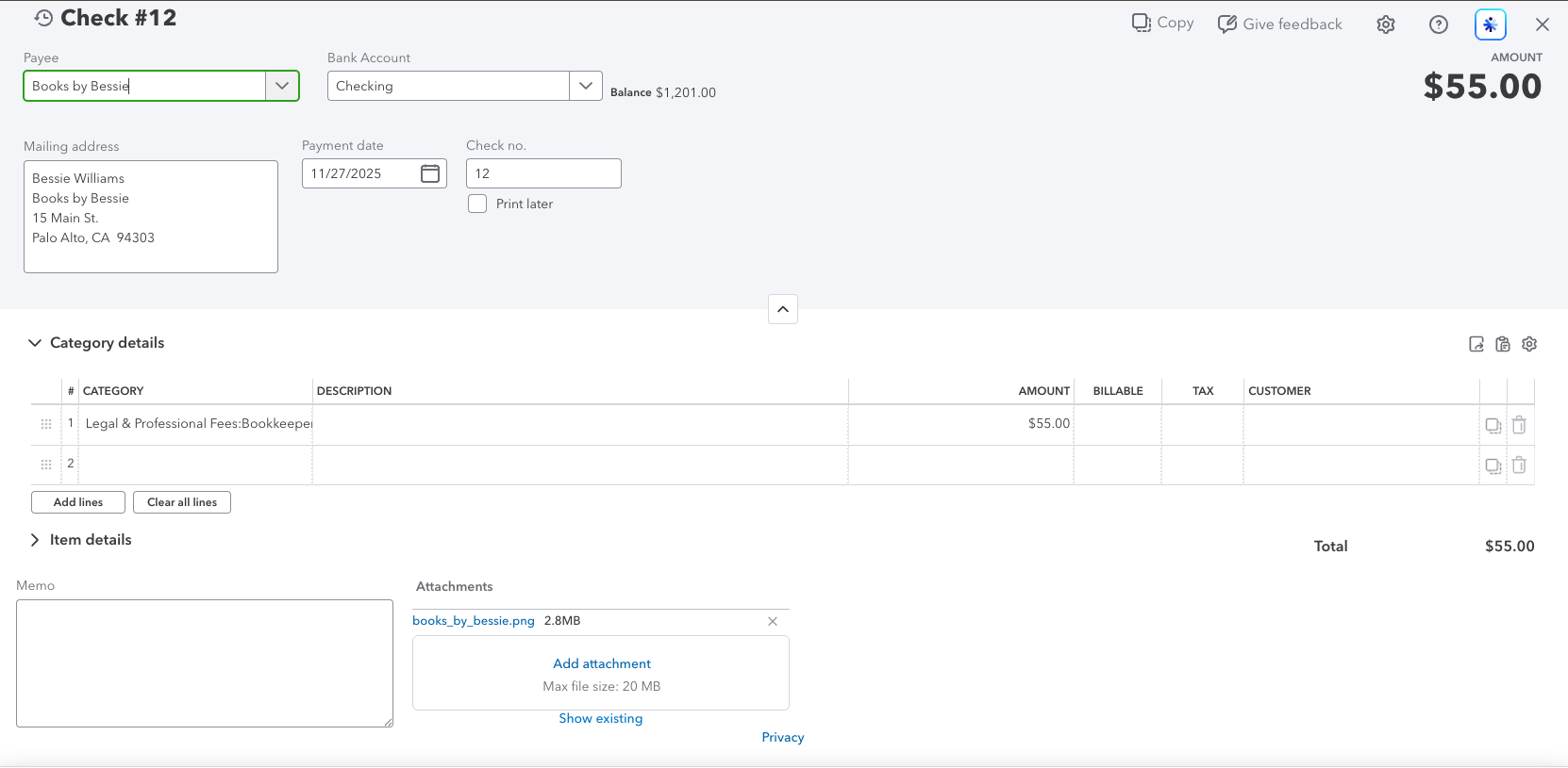 QuickBooks check detail view with the receipt attached