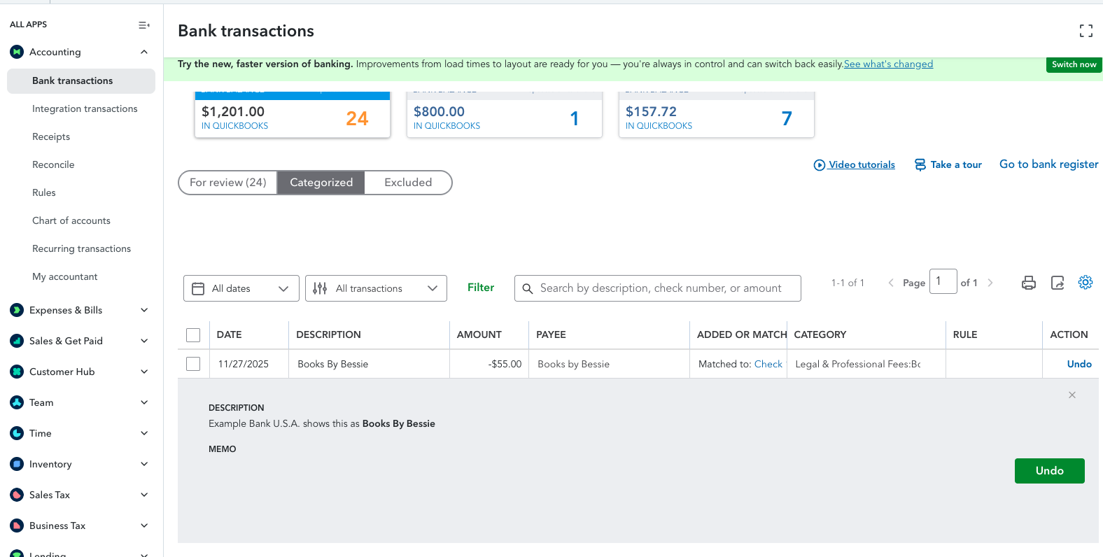 QuickBooks bank transactions list with a matched receipt
