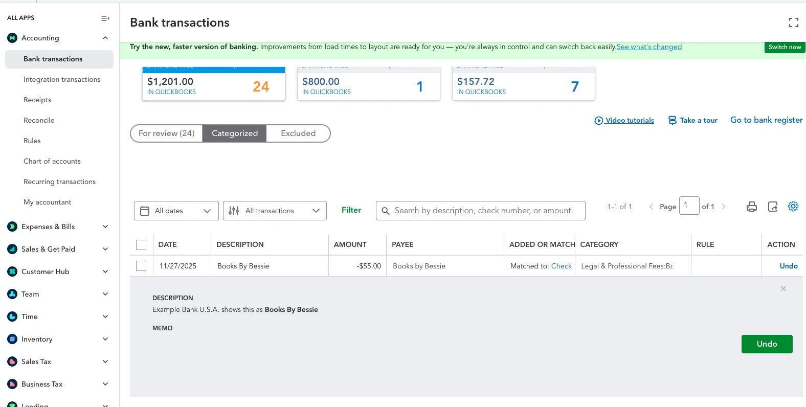 QuickBooks bank transactions list with a matched receipt