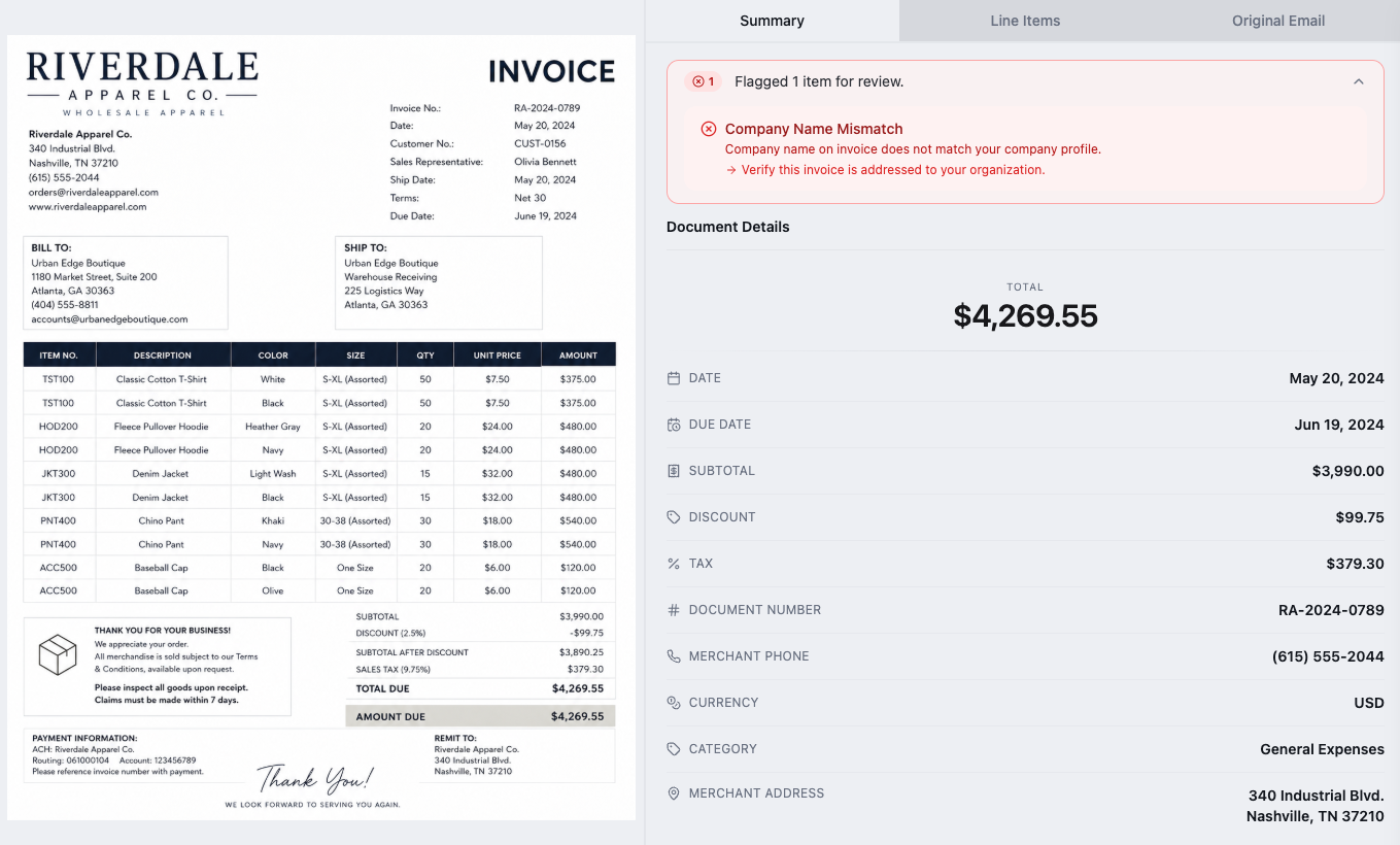 DocStreamAI dashboard showing an extracted Riverdale invoice
