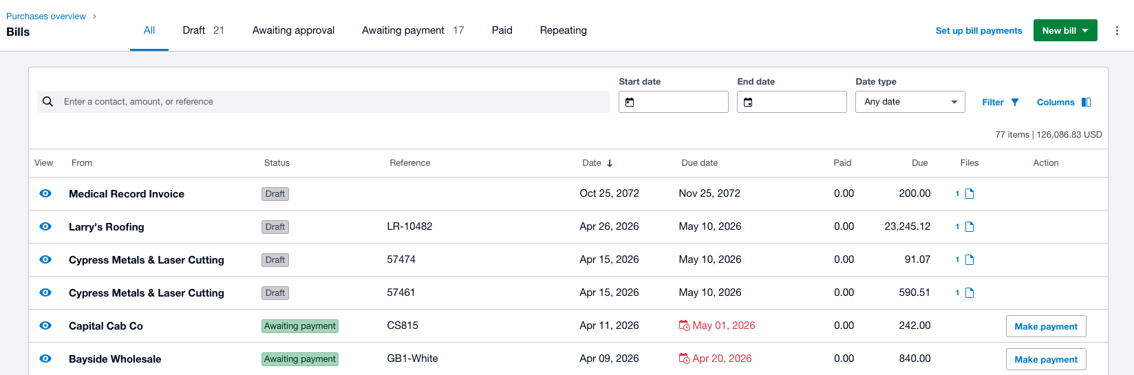 Xero bills overview showing attached files per transaction