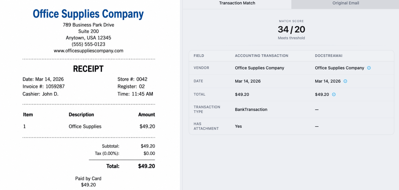 DocStreamAI dashboard matching a receipt to a Xero bank transaction